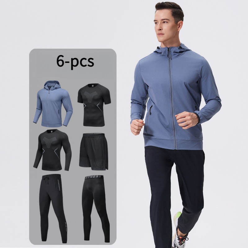Cycling Gear Men - メンズ6点スポーツウェアセット、フード付き、通気性、キャンプやサイクリングに最適、トレーニングウェア、ポケット付き