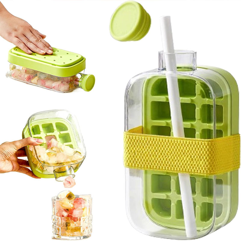 Water Bottle Holder - 2in1プレス式冷却カップウォーターボトル、アイスモールド付き、蓋付きノータッチ製氷機、ウイスキーカクテル用、再利用可能、携帯用